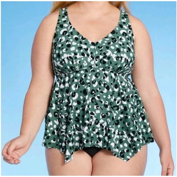 Kona Sol Tankini 2X Green Leopard Print Black High Waisted Coverage - Picture 1 of 16